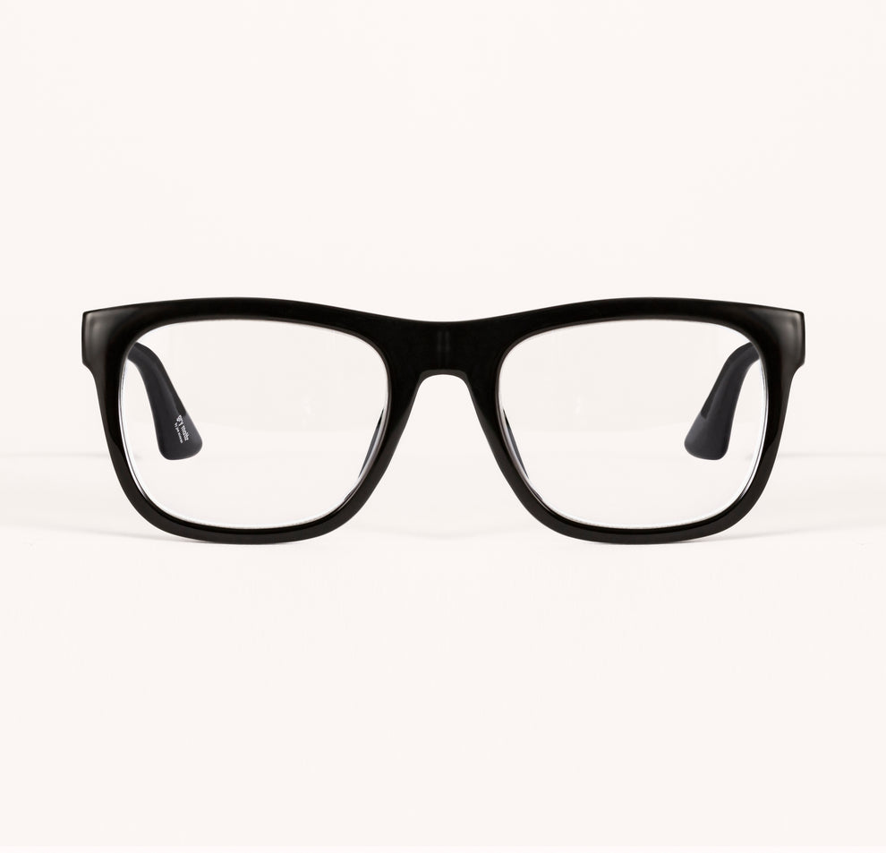 Black rectangular eyeglasses on a plain white background.